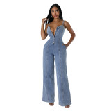 Sexy Straps Denim Wide Leg Pants Jumpsuit