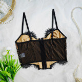 Black Double-layer Mesh Lace Steel Ring Sexy See-through Straps Top