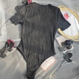 Solid Round Neck Short Sleeve Ripple Bodysuit Tops