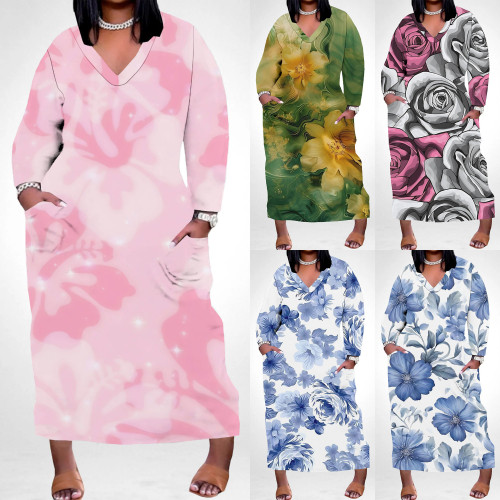 1 Piece Custom Casual Digital Printing V Neck Plus Size Maxi Dresses
