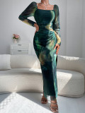 Off Shoulder Long Gradient Printed Vestidos Sexy Tight Cut Split Dress