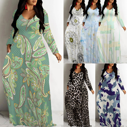 1 Piece Custom Casual Digital Printing Long Sleeve Maxi Dresses