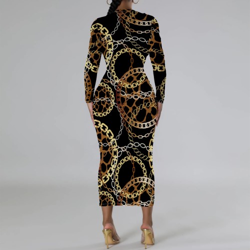 1 Piece Custom Casual Digital Printing Long Sleeve Midi Dresses