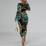 1 Piece Custom Casual Digital Printing Long Sleeve Midi Dresses