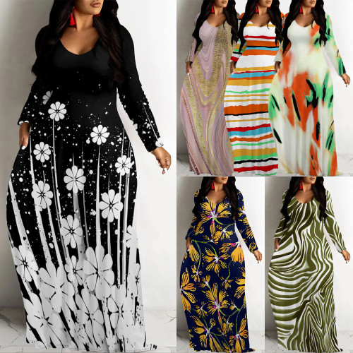 1 Piece Custom Casual Digital Printing Long Sleeve Maxi Dresses