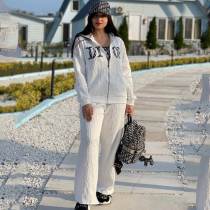 Autumn/winter Knitted Embossed Zipper Hooded Sweatshirt Set
