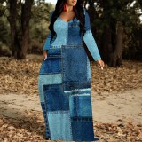 1 Piece Custom Casual Digital Printing V Neck Long Sleeve Maxi Dresses