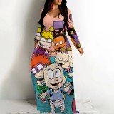 1 Piece Custom Casual Digital Printing Cartoon V Neck Maxi Dresses