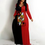 1 Piece Custom Casual Digital Printing V Neck Long Sleeve Maxi Dresses