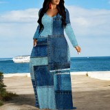 1 Piece Custom Casual Digital Printing V Neck Long Sleeve Maxi Dresses