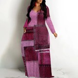 1 Piece Custom Casual Digital Printing V Neck Long Sleeve Maxi Dresses
