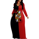 1 Piece Custom Casual Digital Printing V Neck Long Sleeve Maxi Dresses