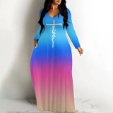 1 Piece Custom Casual Digital Printing V Neck Gradient Maxi Dresses