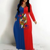 1 Piece Custom Casual Digital Printing V Neck Long Sleeve Maxi Dresses