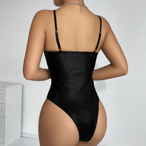 Sexy Slight Stretch Brazilian Leather Tight Underwire Straps Bodysuit