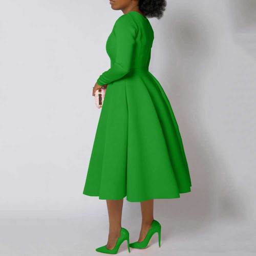 Solid Color Elegant Swing Midi Dress