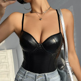 Sexy Slight Stretch Brazilian Leather Tight Underwire Straps Bodysuit