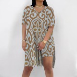 1 Piece Custom Casual Digital Printing V Neck Split Short Set