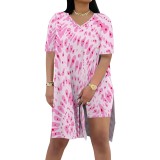 1 Piece Custom Casual Digital Printing V Neck Split Short Set