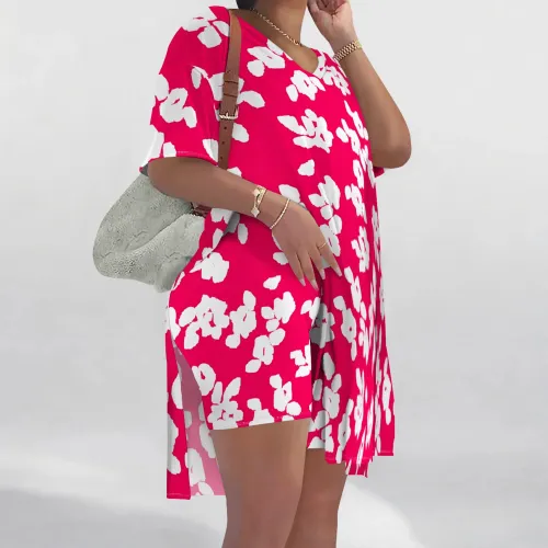 1 Piece Custom Casual Digital Printing V Neck Split Short Set