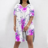 1 Piece Custom Casual Digital Printing V Neck Split Short Set