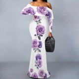 1 Piece Custom Casual Print Flower Off Shoulder Maxi Dress