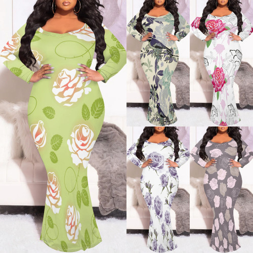 1 Piece Custom Casual Print Scoop Neck Long Sleeve Plus Size Maxi Dress