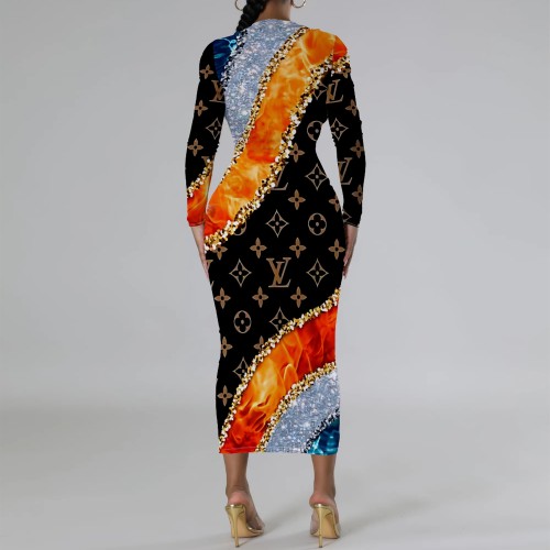 1 Piece Custom Casual Digital Printing Long Sleeve Mid Dress