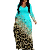 1 Piece Custom Casual Print V Neck Long Sleeve Fall Outings Straight Loose Maxi Dress