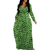 1 Piece Custom Leopard Print V Neck Long Sleeve Fall Outings Straight Loose Maxi Dress