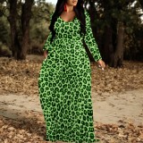1 Piece Custom Leopard Print V Neck Long Sleeve Fall Outings Straight Loose Maxi Dress