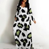 1 Piece Custom Leopard Print V Neck Long Sleeve Fall Outings Straight Loose Maxi Dress