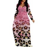 1 Piece Custom Casual Print V Neck Long Sleeve Fall Outings Straight Loose Maxi Dress