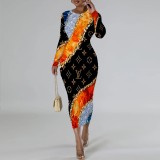 1 Piece Custom Casual Digital Printing Long Sleeve Mid Dress