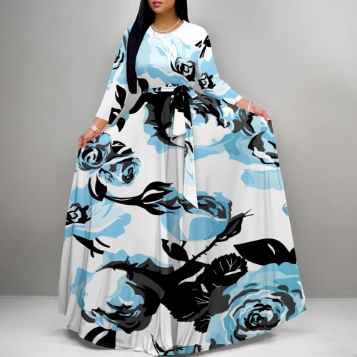 1 Piece Custom Casual Print O Neck Long Sleeve Maxi Dress