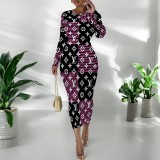 1 Piece Custom Casual Digital Printing Long Sleeve Mid Dress