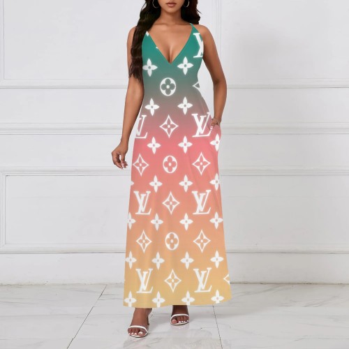 1 Piece Custom Casual Print Straps V Neck Long Dresses