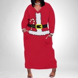 1 Piece Custom Casual Print V Neck Long Sleeve Plus Size Christmas Maxi Dresses