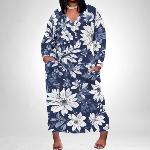 1 Piece Custom Casual Print V Neck Long Sleeve Plus Size Maxi Dress
