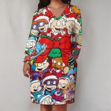 1 Piece Custom Casual Print V Neck Long Sleeve Plus Size Christmas Midi Dress