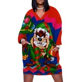 1 Piece Custom Casual Print V Neck Long Sleeve Plus Size Christmas Midi Dress