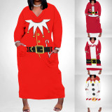 1 Piece Custom Casual Print V Neck Long Sleeve Plus Size Christmas Maxi Dresses