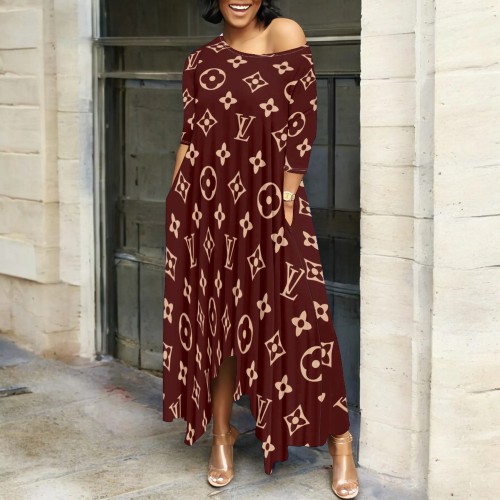 1 Piece Custom Casual Print 3/4 Sleeve Irregular Maxi Dress