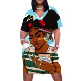 1 Piece Custom Casual Print V Neck Short Sleeve Plus Size Midi Dress