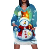 1 Piece Custom Casual Print V Neck Long Sleeve Plus Size Christmas Midi Dress