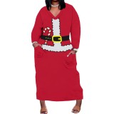 1 Piece Custom Casual Print V Neck Long Sleeve Plus Size Christmas Maxi Dresses
