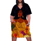 1 Piece Custom Casual Print V Neck Short Sleeve Plus Size Midi Dress