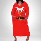 1 Piece Custom Casual Print V Neck Long Sleeve Plus Size Christmas Maxi Dresses