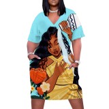 1 Piece Custom Casual Print V Neck Short Sleeve Plus Size Midi Dress
