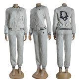 Fashion Thread Embroidery Casual Embossing Sports Zipper Two-piece Set